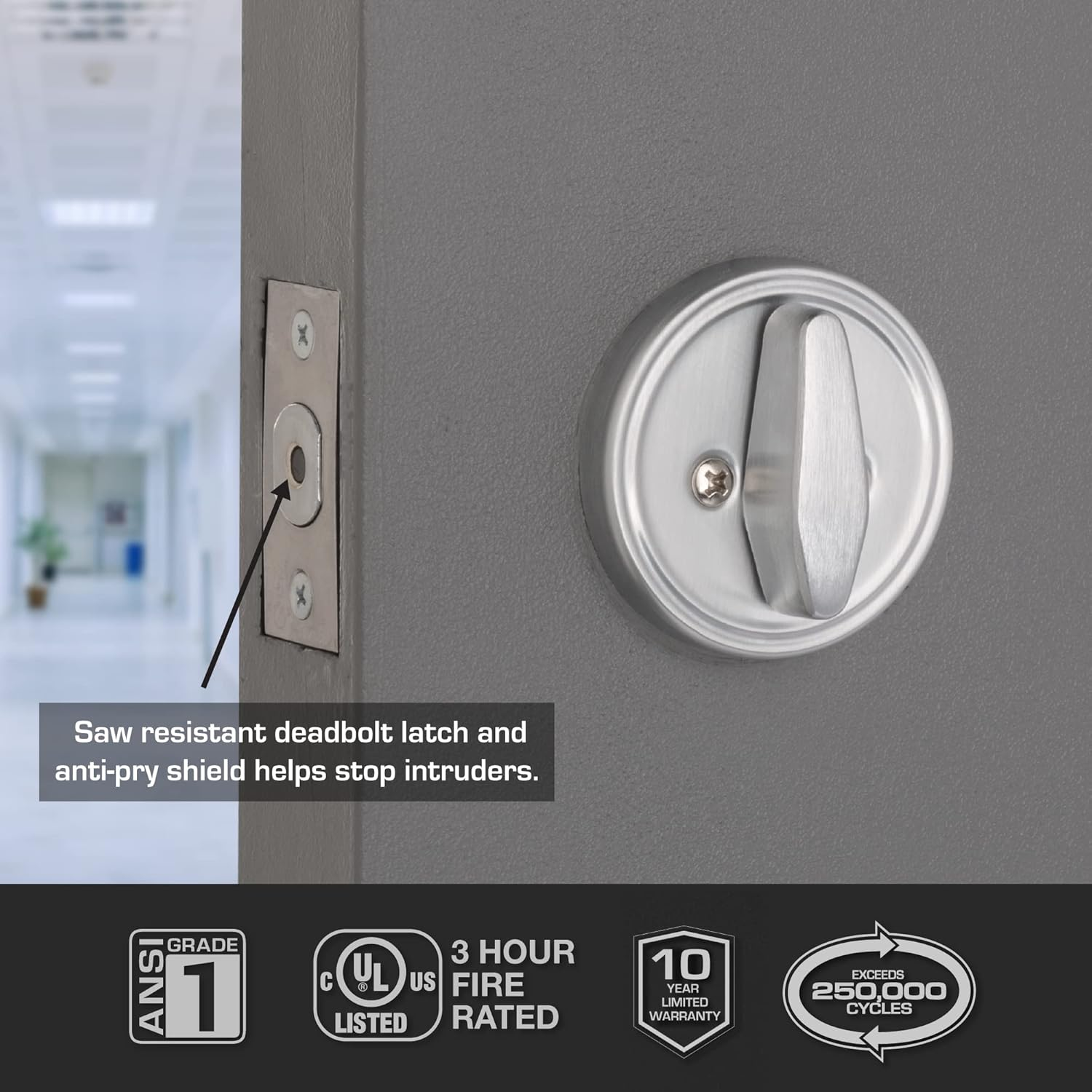 Silver deadbolt on gray door Silver deadbolt on gray door